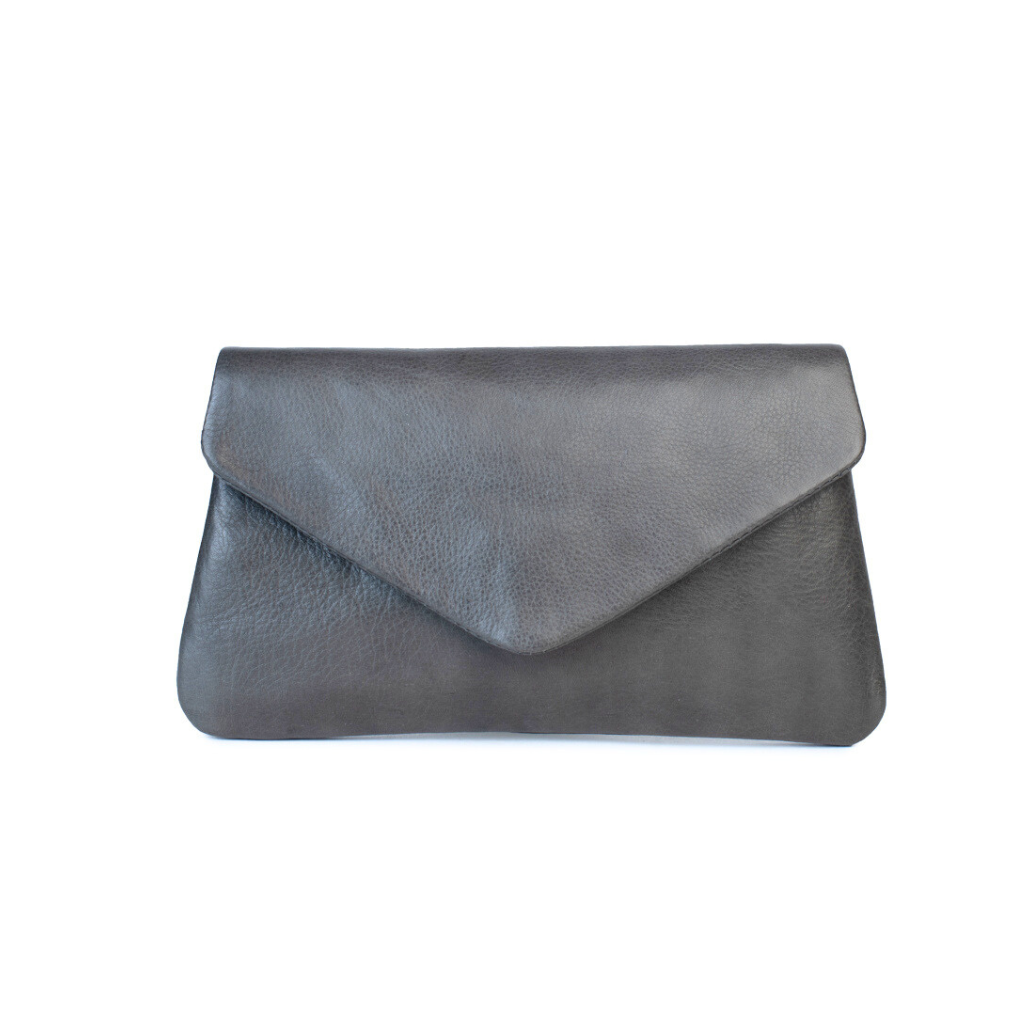 Quinn purse in charcoal grey, featuring a fold-over flap with magnetic closure and sleek, minimalist design.