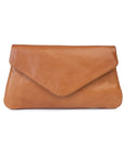 Quinn purse in tan leather with a fold over flap, featuring a magnetic closure and sleek design for stylish organization.