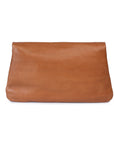 Front view of Quinn purse in tan leather, featuring a fold-over flap and a sleek, minimalist design.