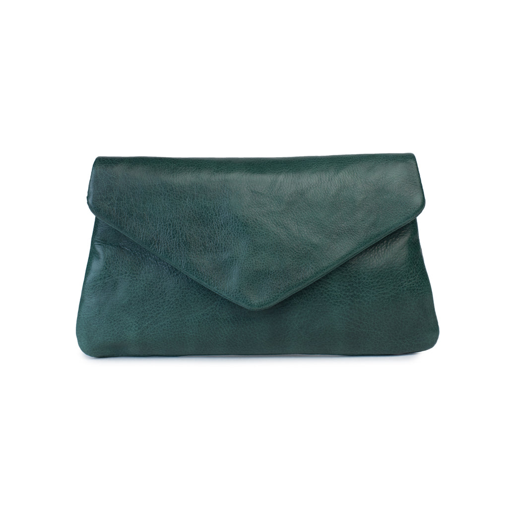 Quinn purse in forest green leather with fold-over flap and magnetic closure, featuring a sleek and elegant design.