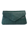 Quinn purse in forest green leather with fold-over flap and magnetic closure, featuring a sleek and elegant design.