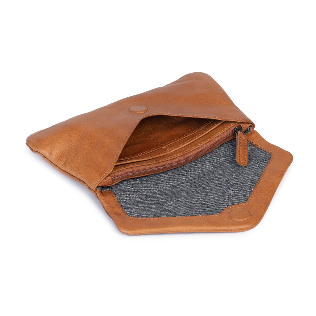 Open tan leather Quinn purse showcasing chargray lining and zipper compartment.