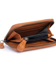 Drew Wallet in tan leather, featuring zip closure and card slots for stylish everyday carry.