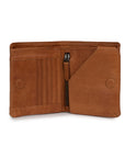 Inside view of the Taylor wallet in tan, featuring card slots, a zip compartment, and a passport pocket.