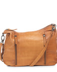 Poppy Bag: Relaxed over-the-shoulder bag in tan leather with front zips and adjustable straps, ideal for storing essentials.