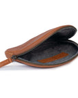 Open leather purse in tan with zip closure, ideal for organizing small items, showcasing elegant design and soft leather.