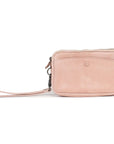 Small pink leather purse with detachable wrist strap and zip-close section for organization.