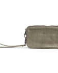 Dark grey leather wallet with detachable wrist strap and zip closure compartments for organization.
