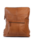 Brooklyn Backpack in tan leather, featuring a minimalist design and front zip pocket for essentials.