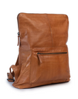 Brooklyn Backpack featuring a minimalist design in tan leather, equipped with adjustable straps and a front zip pocket.