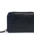 Drew Wallet in black leather, compact design with zip around closure and card slots, perfect leather purse for daily use.