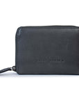 Drew Wallet in black leather featuring zip closure, card slots, and internal coin pocket for stylish everyday carry.