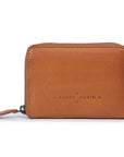Drew Wallet in tan leather featuring zip closure and stylish design for everyday carry.