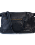 Hannah Overnight Bag in black leather with external zip pocket and adjustable straps, perfect for stylish getaways.