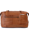 Hannah Overnight Bag in tan leather with an external zip pocket for phone and essentials, stylish and spacious.