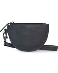 Black leather Pixie purse with zip closure and removable wrist strap for coins and cards.