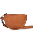 Durable leather coin purse in tan with zip closure and removable wrist strap for essentials.