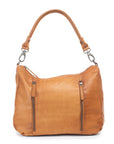 Poppy Bag in tan leather with two front zips and a stylish shoulder strap, perfect for everyday essentials.