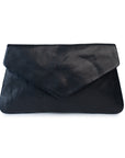 Stylish black leather purse designed for summer nights, featuring a sleek envelope shape and soft texture.