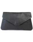 Riley Clutch in soft black leather, slim and stylish purse with a sleek envelope design, perfect for night outings.