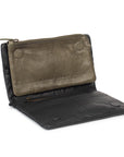 Open leather purse with dark grey and olive green colors, featuring card slots and removable insert.